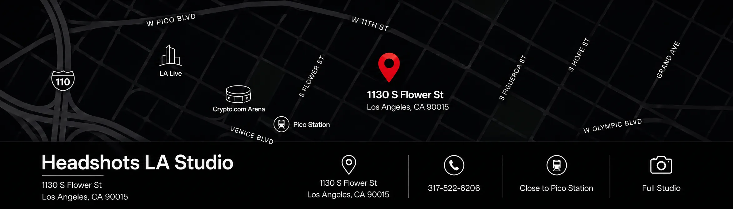 Map to the Headshots LA studio in Downtown Los Angeles from Pasadena